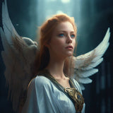 Diamond Painting Engel Frontal - Angelic figure with white wings and flowing hair in mesmerizing light.