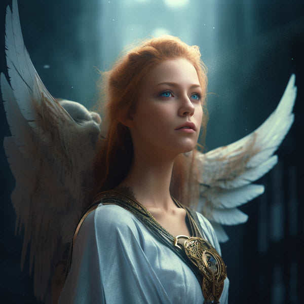 Diamond Painting Engel Frontal - Angelic figure with white wings and flowing hair in mesmerizing light.