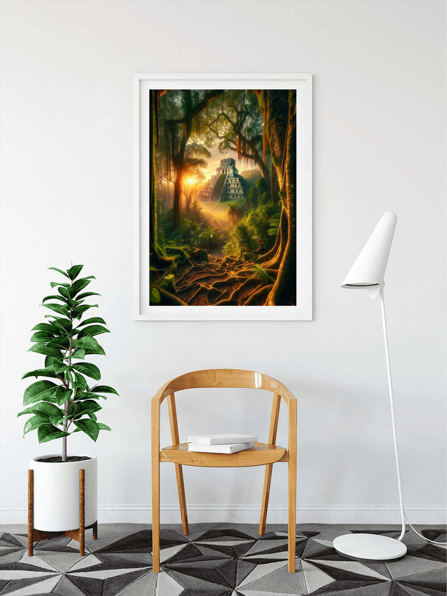 Framed Maya Temple painting in modern living room with wooden chair, plant, and lamp.