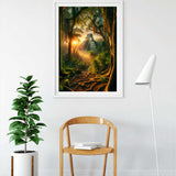Framed Maya Temple painting in modern living room with wooden chair, plant, and lamp.