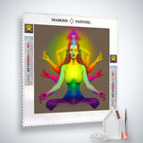 Diamond Painting Kit featuring colorful Buddha Grün design with professional canvas, acrylic diamonds, and painting tools.