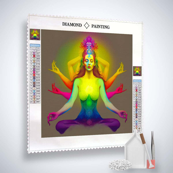 Diamond Painting Kit featuring colorful Buddha Grün design with professional canvas, acrylic diamonds, and painting tools.