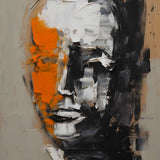 Abstract painting of a face in a minimalist style with black, white, and orange strokes on canvas