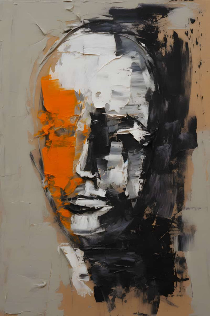 Abstract painting of a face in a minimalist style with black, white, and orange strokes on canvas