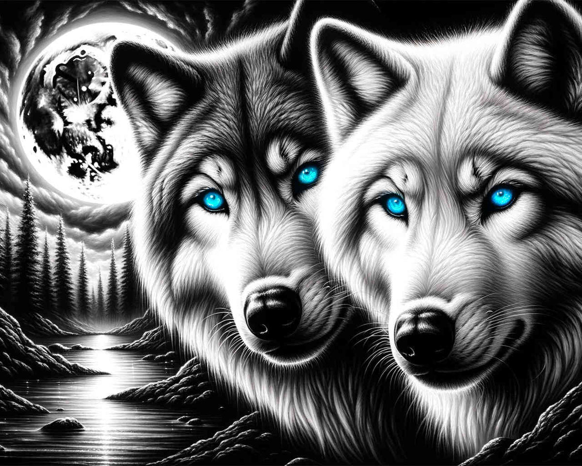 Malen nach Zahlen - Wolfspaar, Schwarz und weiß
