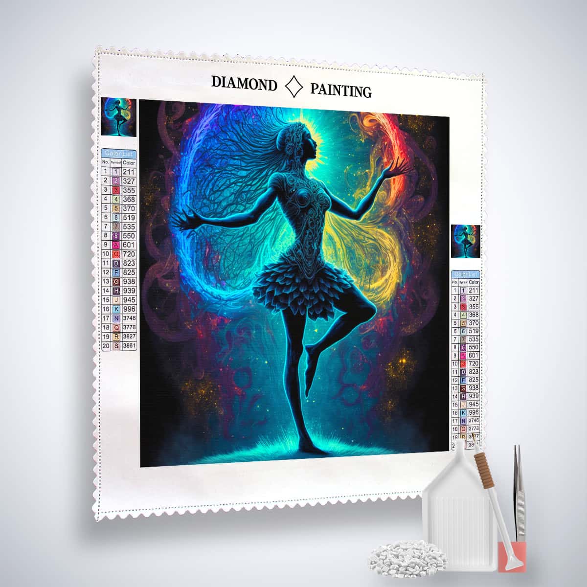 Diamond Painting Kit - Frau mit schönem Kleid in der Nacht, enthaltene Zubehörteile, leuchtende Acryl Diamonds und Profi-Leinwand.