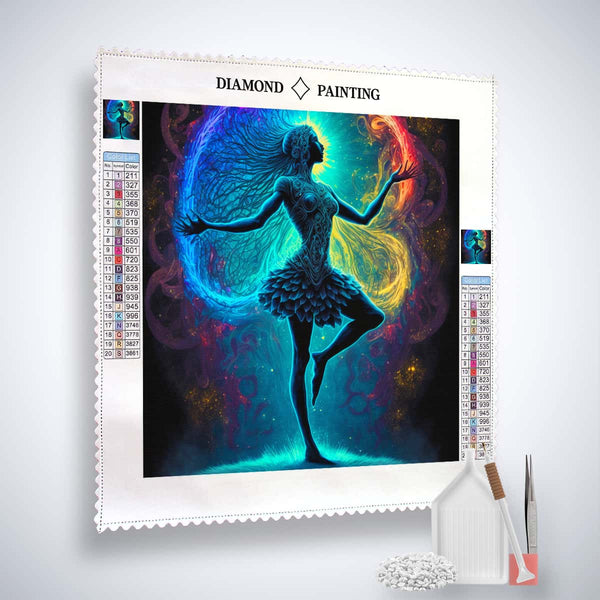 Diamond Painting Kit - Frau mit schönem Kleid in der Nacht, enthaltene Zubehörteile, leuchtende Acryl Diamonds und Profi-Leinwand.