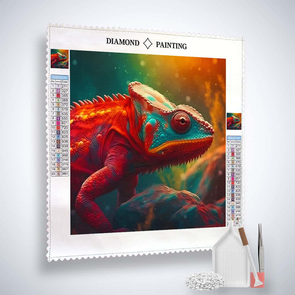 AB Diamond Painting - Chamäleon Stolz Set with colorful chameleon design, acrylic diamonds, tweezers, and professional tools