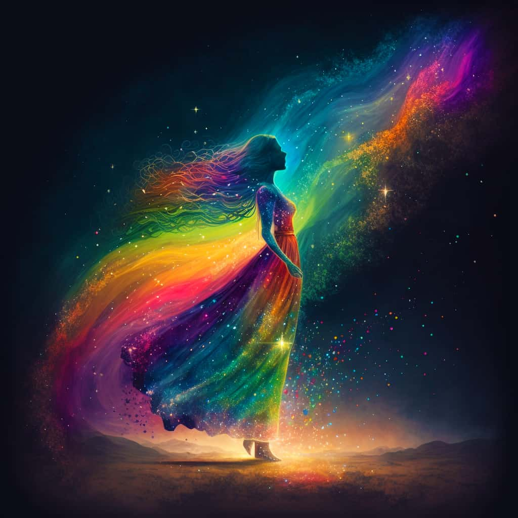 Shimmering artwork of a woman in a vibrant rainbow dress with hair flowing into a galaxy in Diamond Painting - Frau Bunt Seitlich.