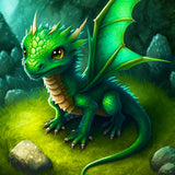 Green baby dragon with sparkling eyes sits on grass surrounded by rocks, in a mystical and enchanted forest scene.