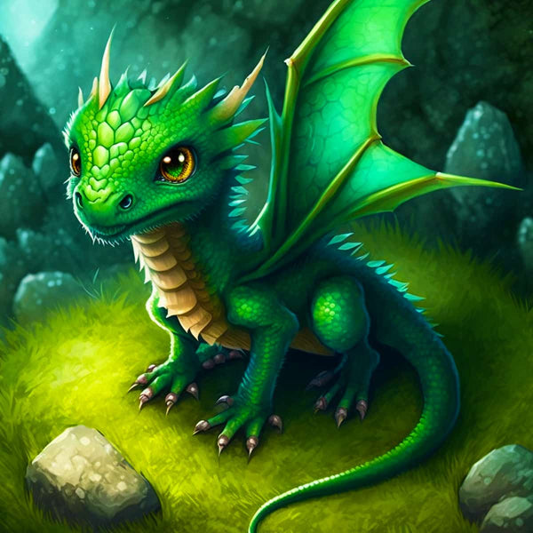 Green baby dragon with sparkling eyes sits on grass surrounded by rocks, in a mystical and enchanted forest scene.