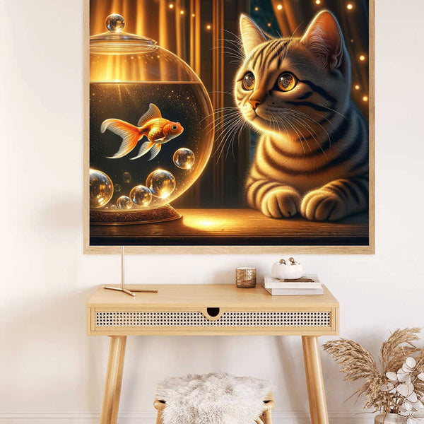 Diamond Painting - Katze betrachtet Goldfisch im Aquarium in warmer Dämmerung, schafft eine magische Atmosphäre.