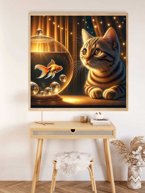 Diamond Painting - Katze betrachtet Goldfisch im Aquarium in warmer Dämmerung, schafft eine magische Atmosphäre.