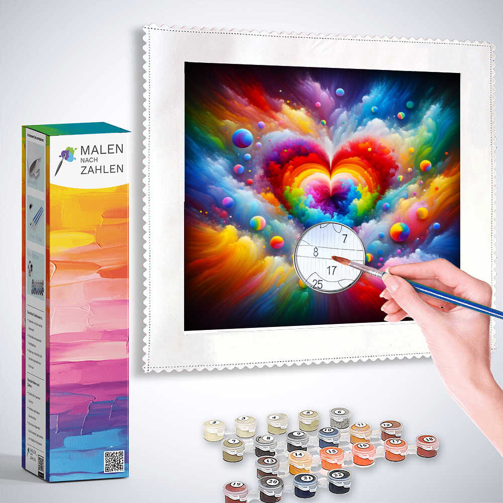 Painting kit "Malen nach Zahlen - Abstract Love" featuring a hand painting a colorful heart with paint pots and box displayed.