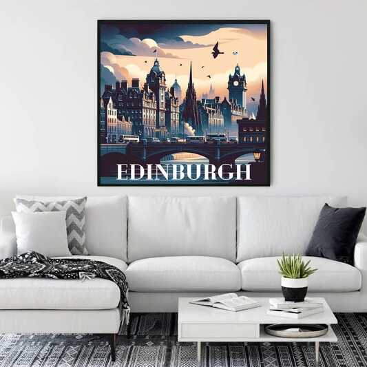 Painting of an Edinburgh cityscape with historic buildings and bridge, displayed above a white modern sofa in a living room.