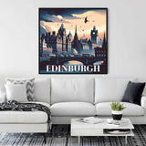 Painting of an Edinburgh cityscape with historic buildings and bridge, displayed above a white modern sofa in a living room.
