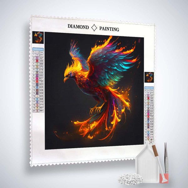 AB Diamond Painting Kit Sturzflug with vibrant phoenix design and included acrylic diamonds, tweezers, and professional applicator tools.