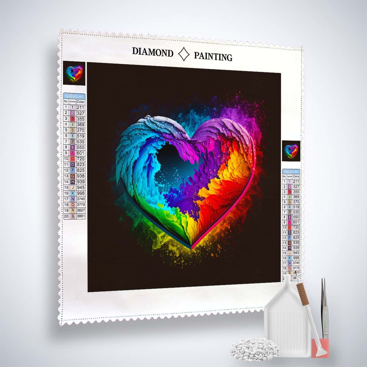 AB Diamond Painting Herzfarben Kit with colorful heart design, acrylic diamonds, professional canvas, artist tweezers, and setting tools.