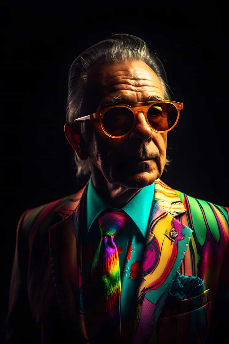Older man wearing colorful suit and orange sunglasses against black background in artistic, vibrant light