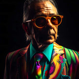Older man wearing colorful suit and orange sunglasses against black background in artistic, vibrant light
