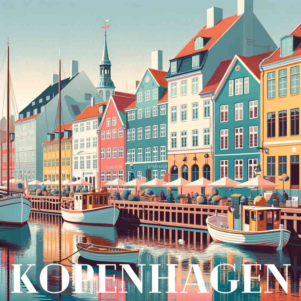 Painting by numbers of Copenhagen coastal charm featuring colorful waterfront buildings and boats in the harbor.