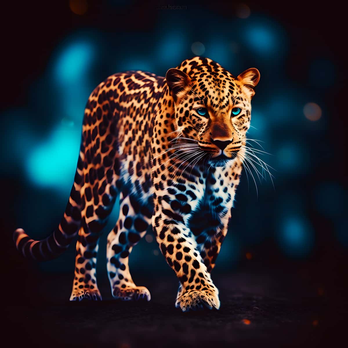 Diamond Painting Kit - Leopard walking forward on a dark, glowing background.