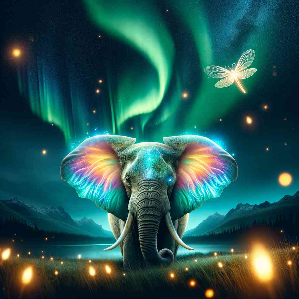 Elephant under vibrant northern lights with glowing butterflies in a magical, serene night scene.