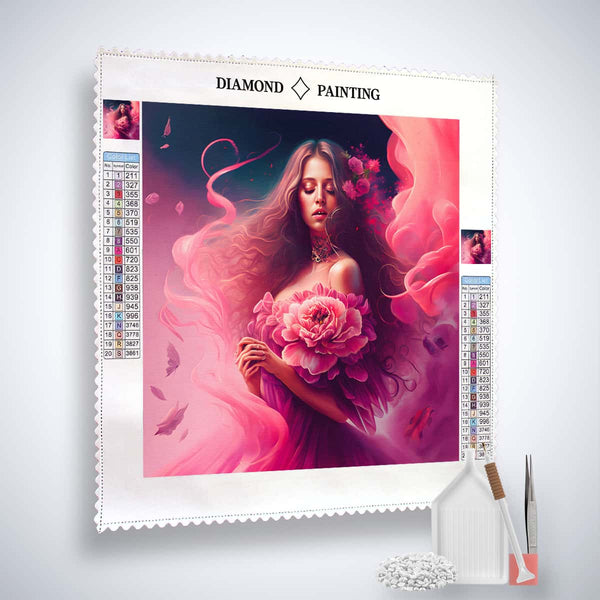 AB Diamond Painting Kit - Pinke Rosenfrau with acrylic diamonds and artist tools