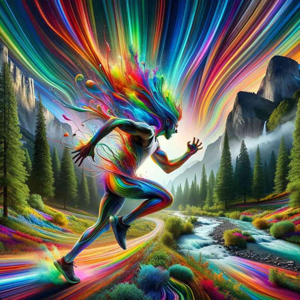 Vibrant figure running through a colorful, surreal landscape with rainbow trails and majestic mountains in the background.