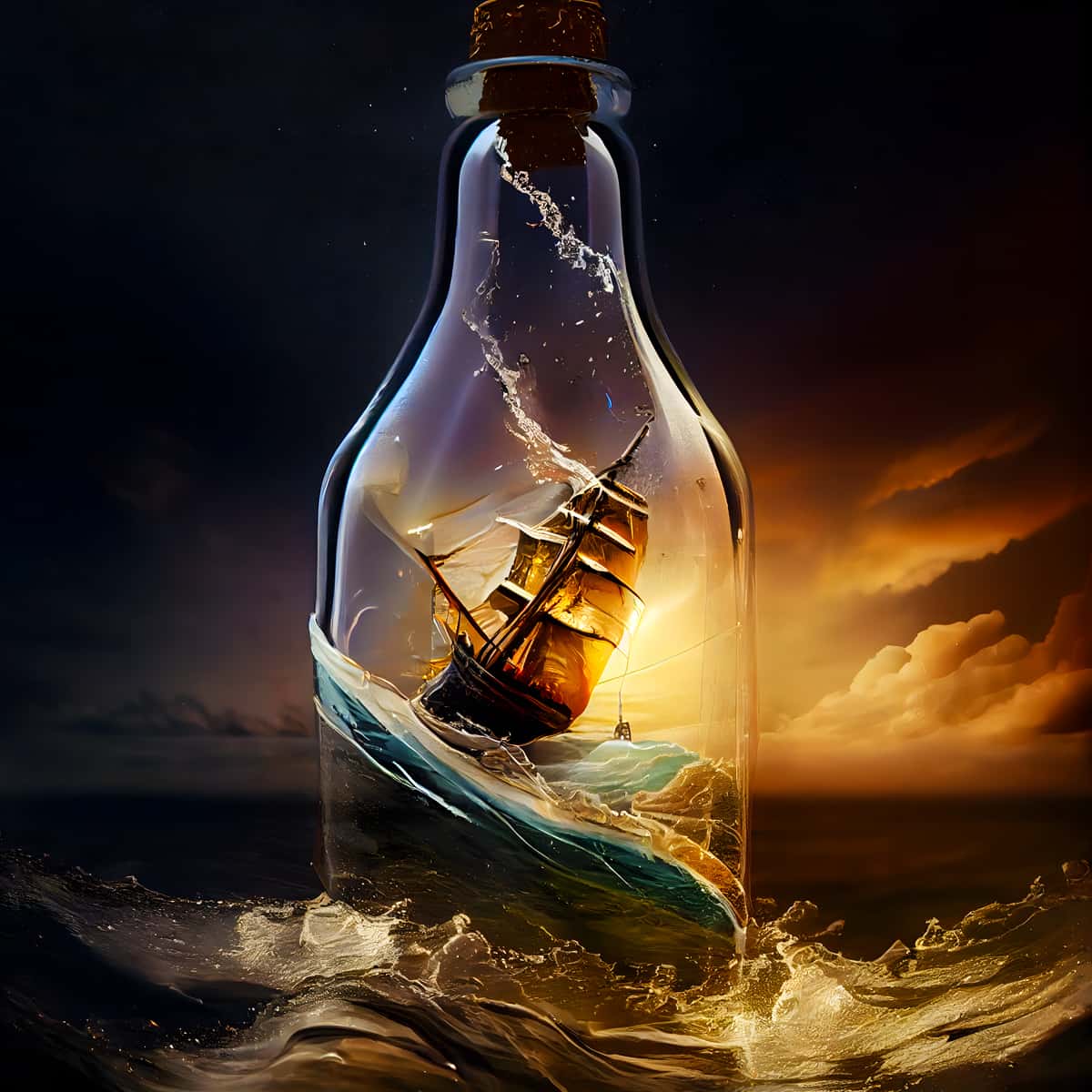 Malen nach Zahlen Schiff im Glas – Entspannende, kunstvolle Darstellung eines Segelschiffs in einer Flasche mit stimmungsvollem Himmel und Wellen.