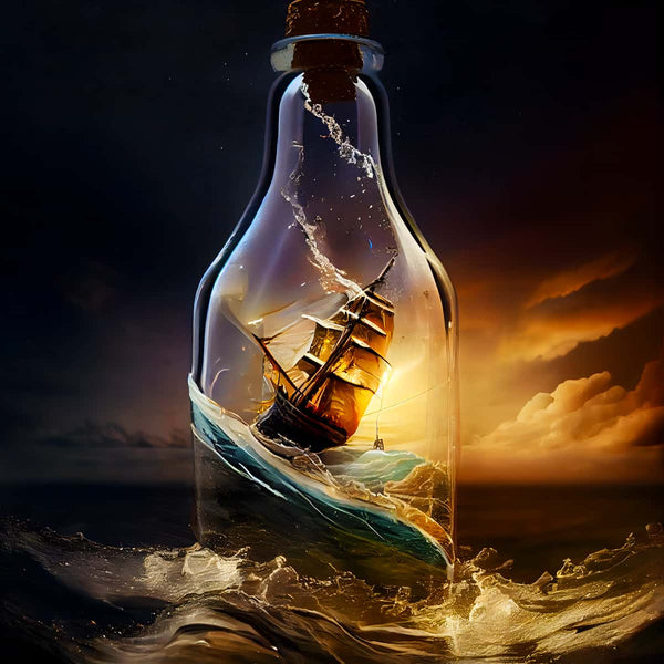 Malen nach Zahlen Schiff im Glas – Entspannende, kunstvolle Darstellung eines Segelschiffs in einer Flasche mit stimmungsvollem Himmel und Wellen.