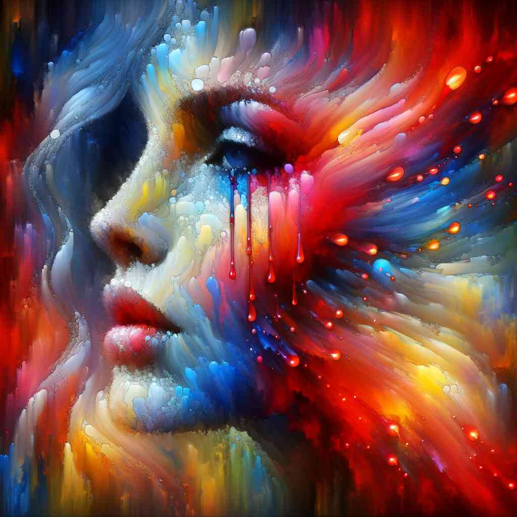 Abstract colorful woman portrait in AB Diamond Painting, featuring vibrant reds, blues, and yellows, capturing feminine beauty and strength.