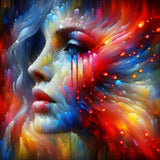 Abstract colorful woman portrait in AB Diamond Painting, featuring vibrant reds, blues, and yellows, capturing feminine beauty and strength.
