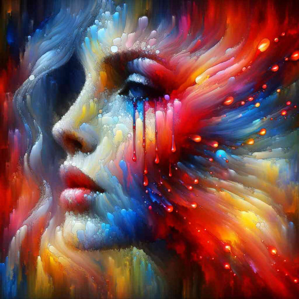 Abstract colorful woman portrait in AB Diamond Painting, featuring vibrant reds, blues, and yellows, capturing feminine beauty and strength.