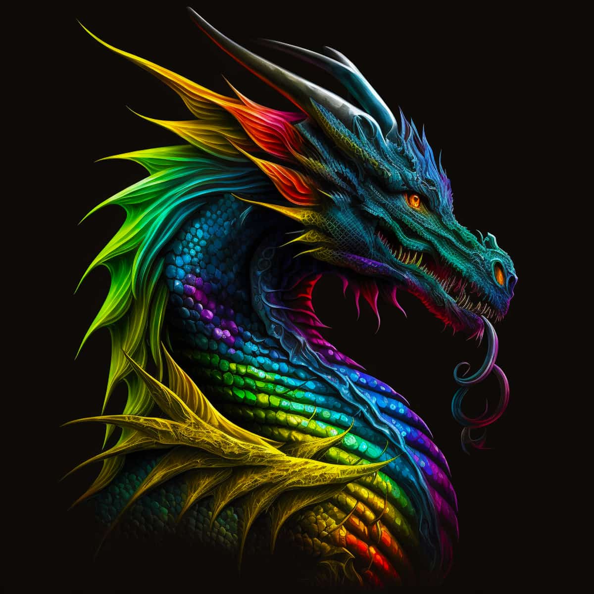 Colorful rainbow dragon illustration with intricate details on a black background, showcasing vibrant scales and fierce expression