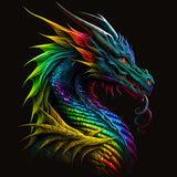 Colorful rainbow dragon illustration with intricate details on a black background, showcasing vibrant scales and fierce expression