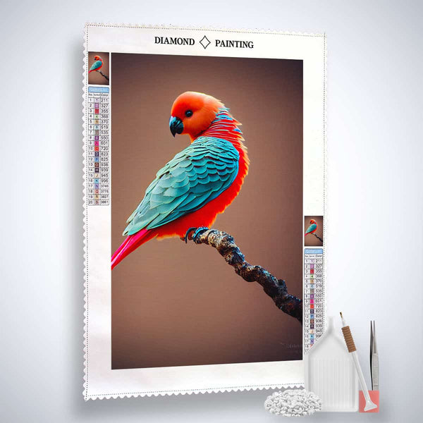 AB Diamond Painting Kit - Colorful Bird on Branch with Acrylic Diamonds, Canvas, Tweezers, and Pen Set.