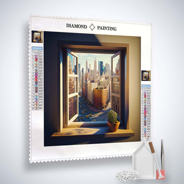 Diamond Painting Kit - Fenster zur Stadt with cityscape view through window, including acrylic diamonds, setzstift, tweezers, and a cactus plant.