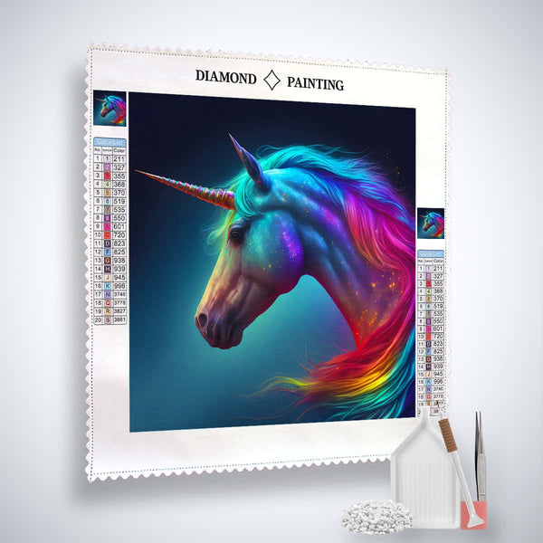 AB Diamond Painting - Prächtiges Einhorn Diamond Painting Kit with vibrant unicorn design, tools, and acrylic diamonds for sparkling art creation.