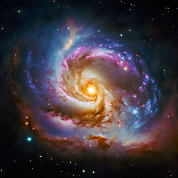 Spiral galaxy in a starry night sky displaying vibrant colors of blue, purple, and gold, illustrating the beauty of outer space.