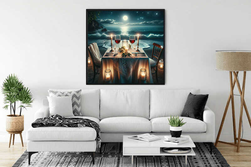 Modern living room with framed painting of a romantic moonlit serenade dinner on the wall, cozy white sofa, and stylish decor.
