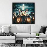 Modern living room with framed painting of a romantic moonlit serenade dinner on the wall, cozy white sofa, and stylish decor.