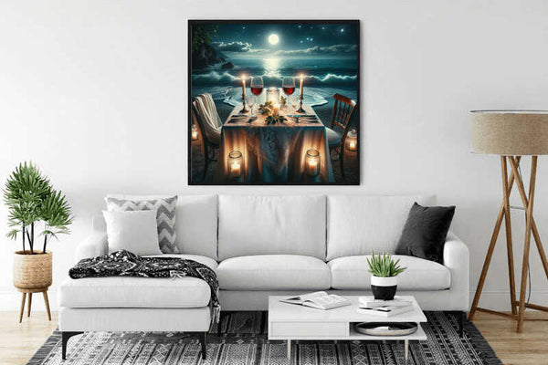Modern living room with framed painting of a romantic moonlit serenade dinner on the wall, cozy white sofa, and stylish decor.