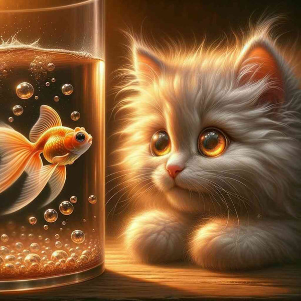 Flauschiges Kätzchen und tanzender Goldfisch in gläsernem Behälter, eingefangen in warmen Farbtönen und phantastischem Realismus.