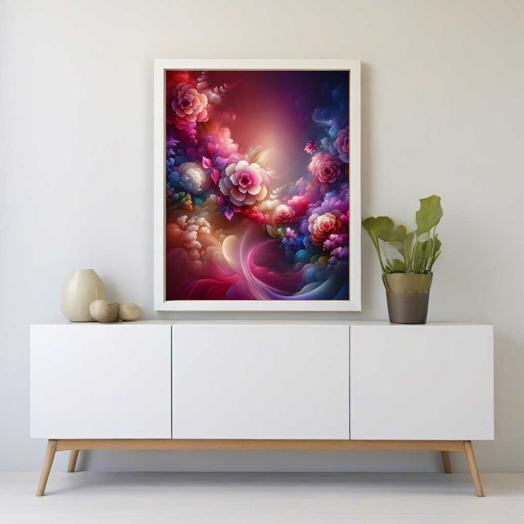 Diamond painting of vibrant floral collection with shades of pink and magenta, creating a romantic and peaceful atmosphere on a white cabinet.