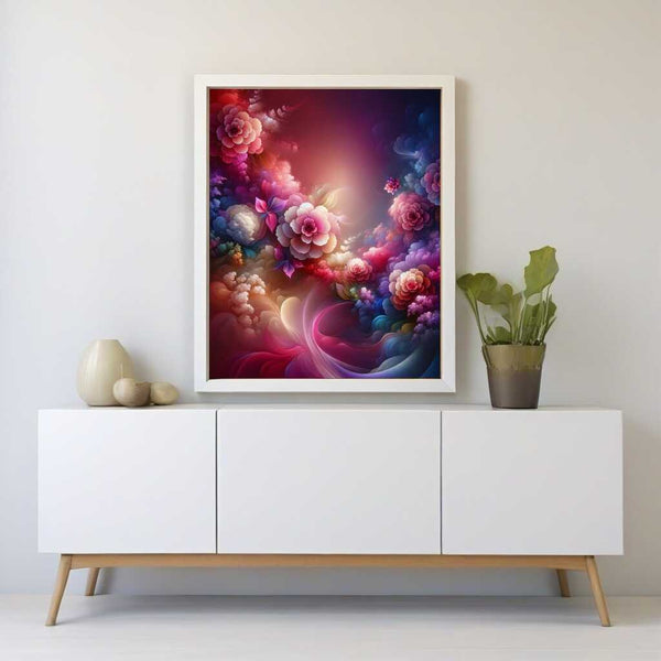 Diamond painting of vibrant floral collection with shades of pink and magenta, creating a romantic and peaceful atmosphere on a white cabinet.