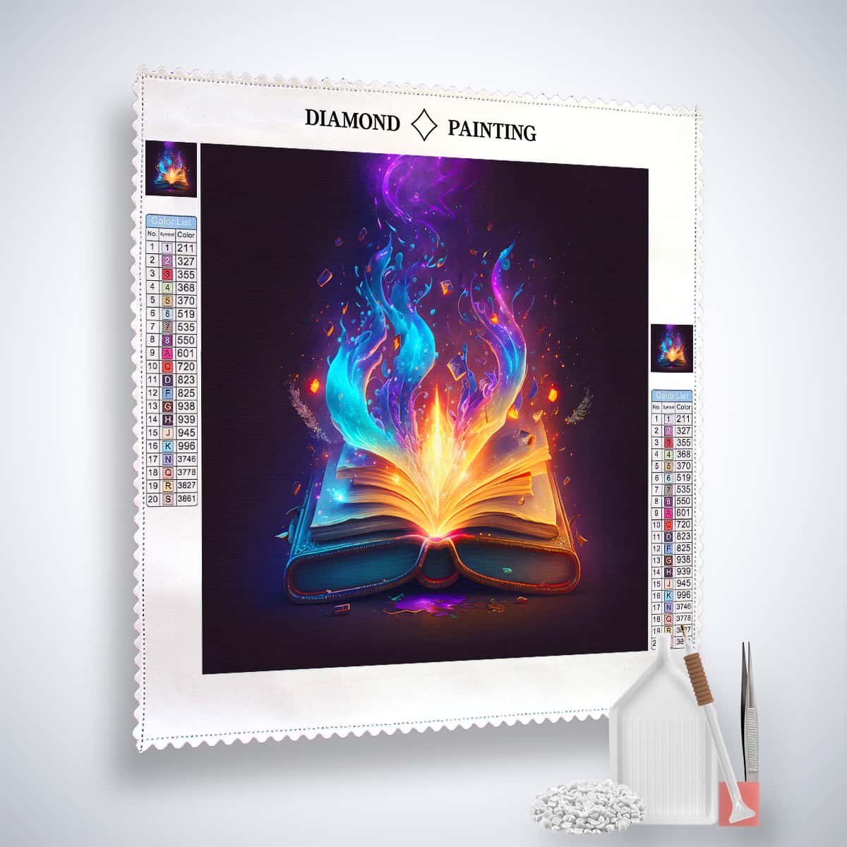 Diamond Painting Kit - Mysteriöses Buch with lit up mystical book and included art tools.