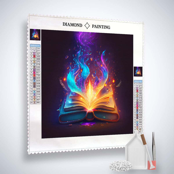 Diamond Painting Kit - Mysteriöses Buch with lit up mystical book and included art tools.
