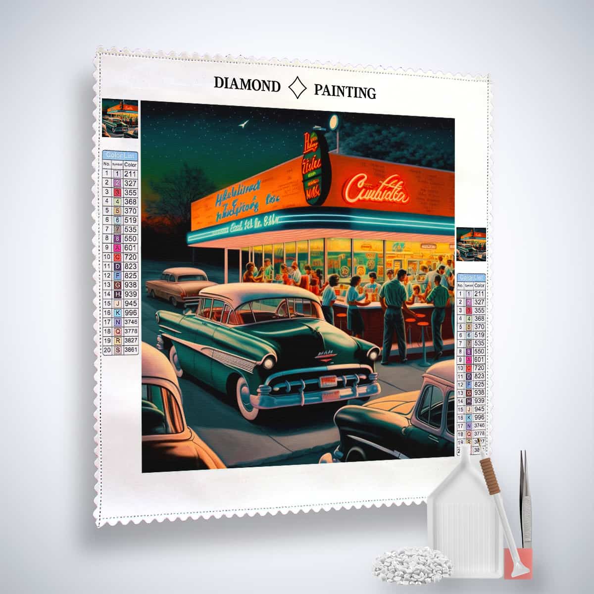 Diamond Painting Kit with Vintage Gas Station and Classic Car Scene
