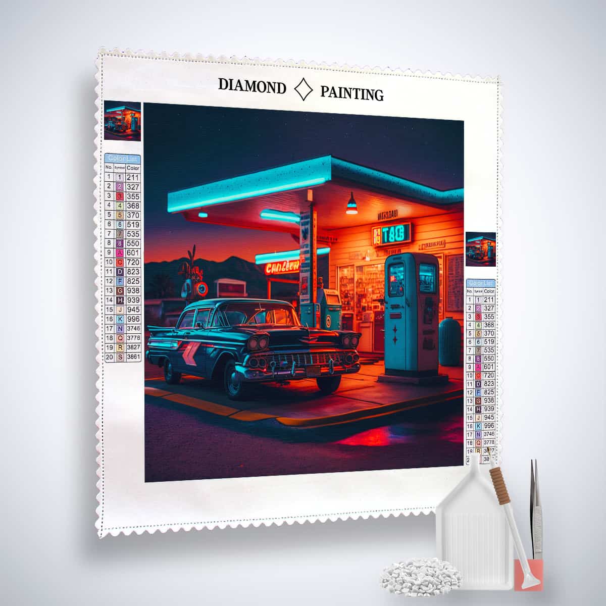 Diamond Painting Kit with a 50s gas station theme, featuring vintage car, acrylic diamonds, professional tools, and canvas